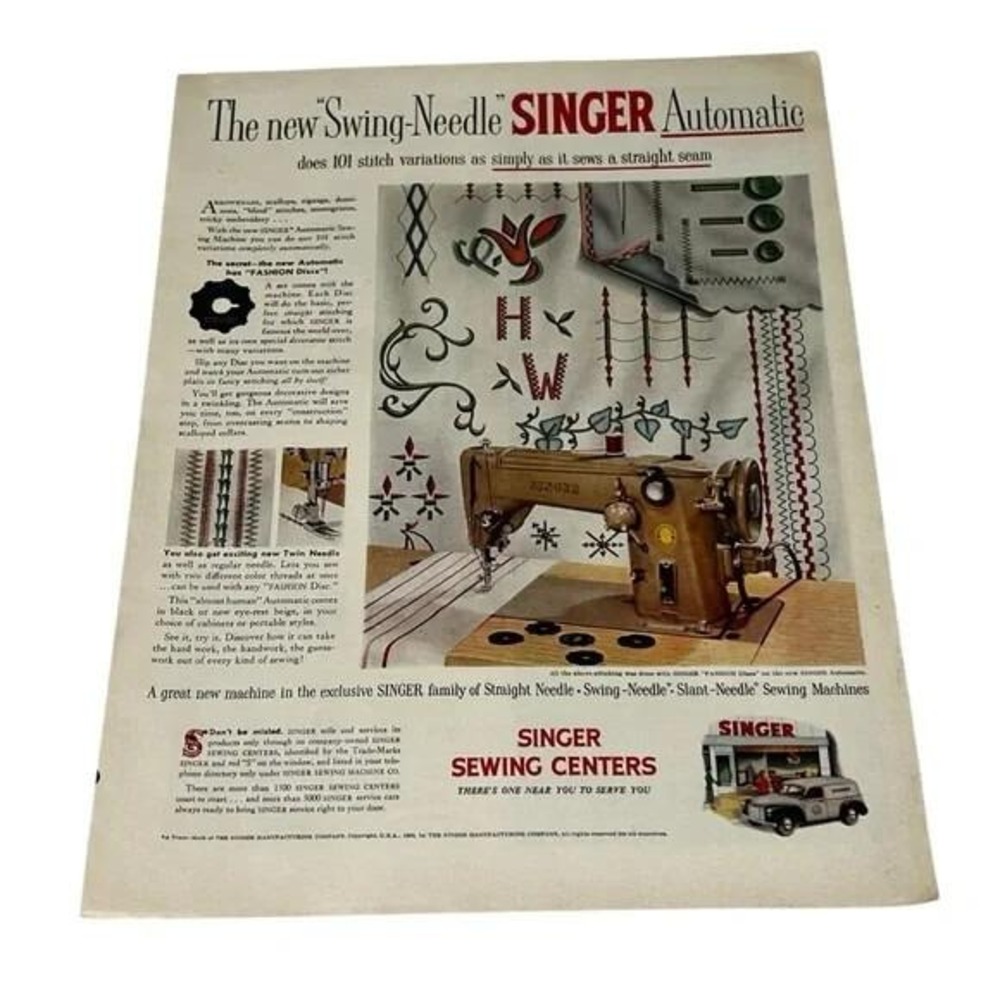 1954 Singer Sewing Machine The Swing Needle Original Vintage Print Ad